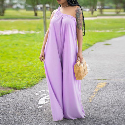 Solid One Shoulder Sleeveless Wide Leg Jumpsuit