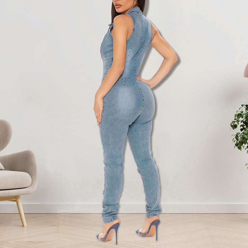 Solid Sleeveless Button Detailed Denim Jumpsuit