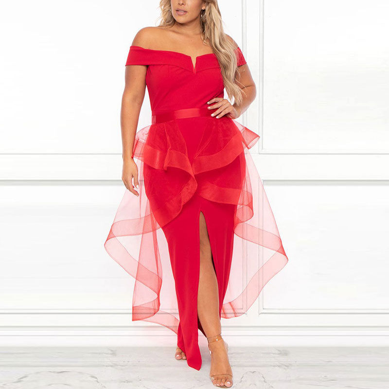 Solid Off Shoulder Sleeveless High Slit Tulle Plus Size Dress