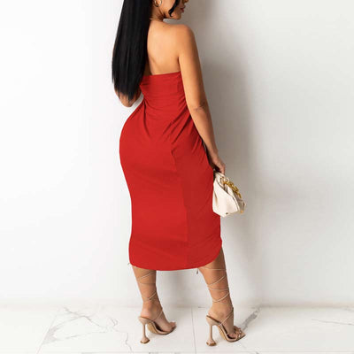 Solid Off Shoulder Ruched Irregular Midi Dress