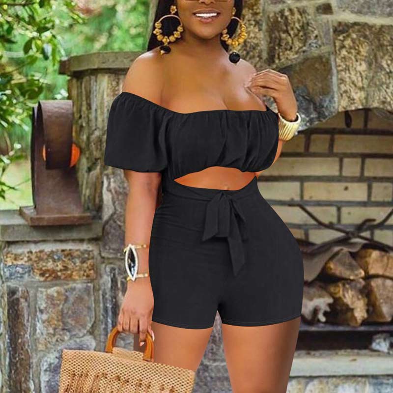 Solid Off Shoulder Short Sleeve Cut Out Romper