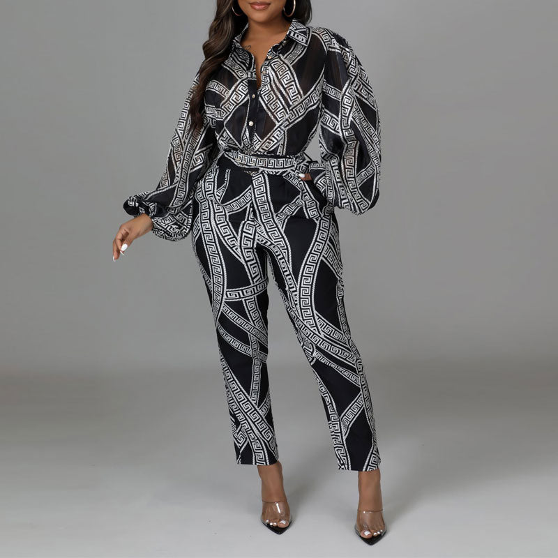 Print Lantern Sleeve Belted Jumpsuit