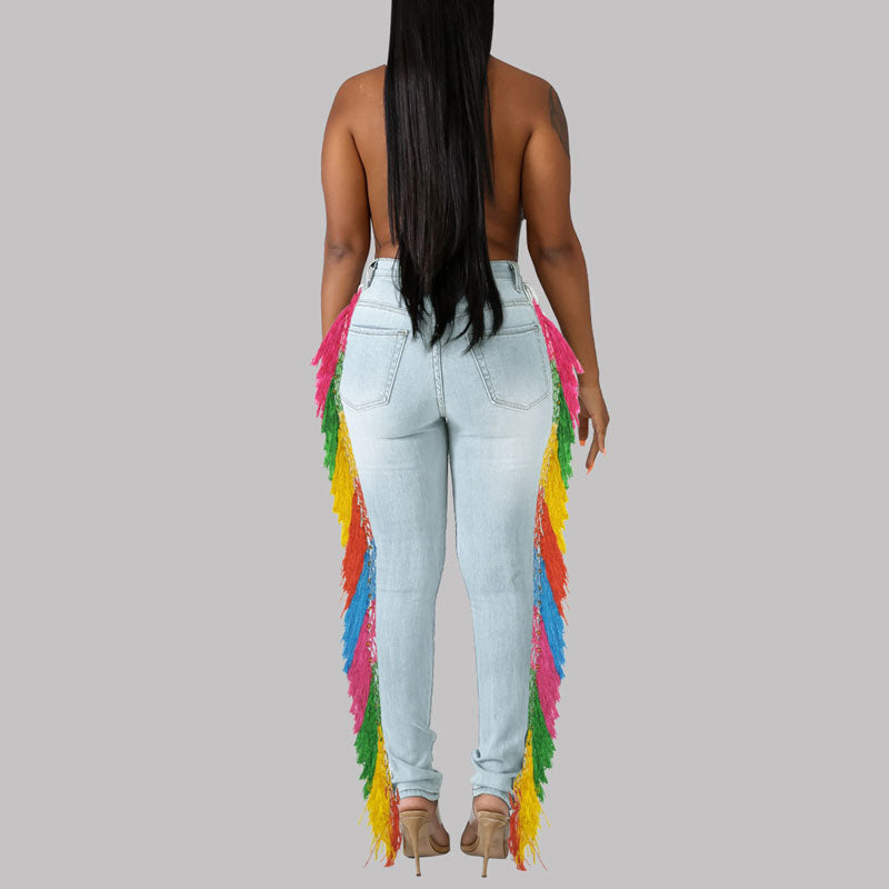 Colorful High Waist Tassel Design Denim Pants