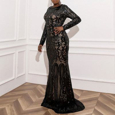 Sequins Round Neck Long Sleeve Floor-Length Plus Size Evening Dress