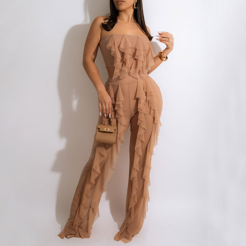 Solid Ruffle Design Off Shoulder Tube Top & Pants Set