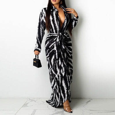 Print V-Neck Long Sleeve Bleted Maxi Shirt Dress