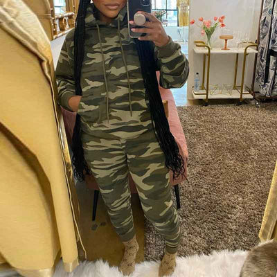 Camouflage Pattern Long Sleeve Hoodie Top & Pants Set