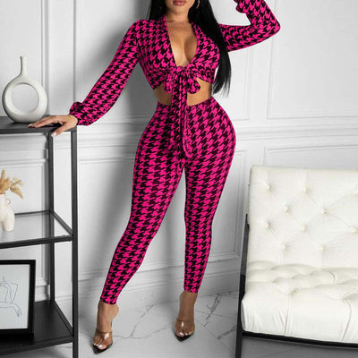 Houndstooth Print Long Sleeve Crop Top & Pants Set