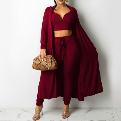 Solid Long Sleeve Knitted Three Piece Set