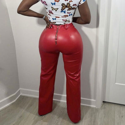 Solid High Waist PU Leather Pants