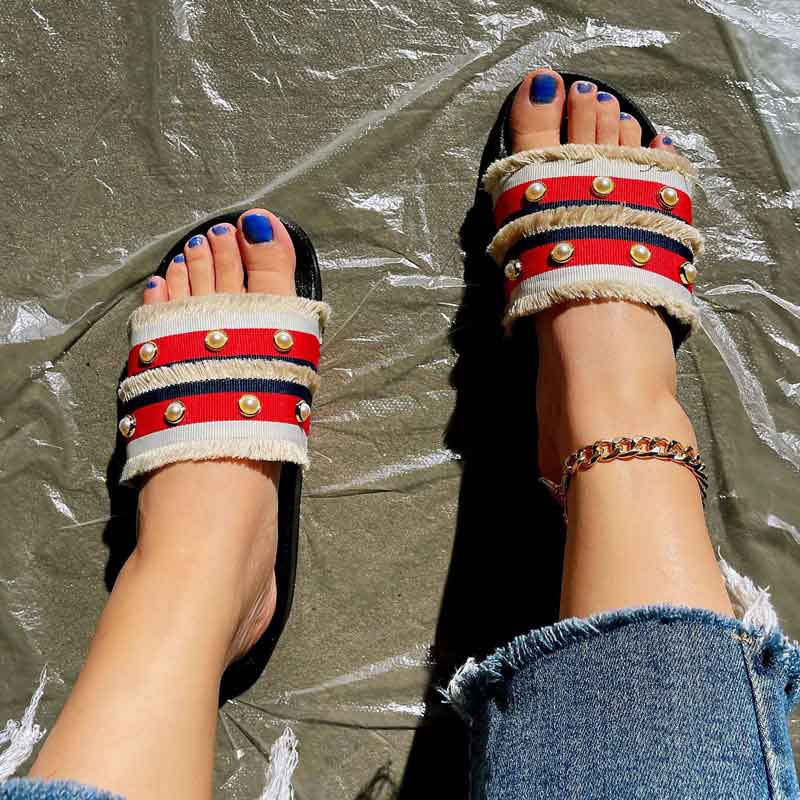 Colorblock Beaded Flat Sandals