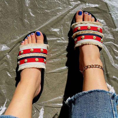 Colorblock Beaded Flat Sandals