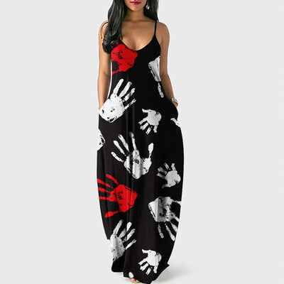 Halloween Pumpkin Print Pocket Design Spaghetti Strap Maxi Dress