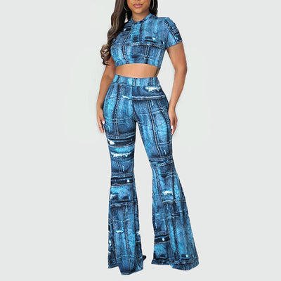 Print Short Sleeve Crop Top & Pants Set