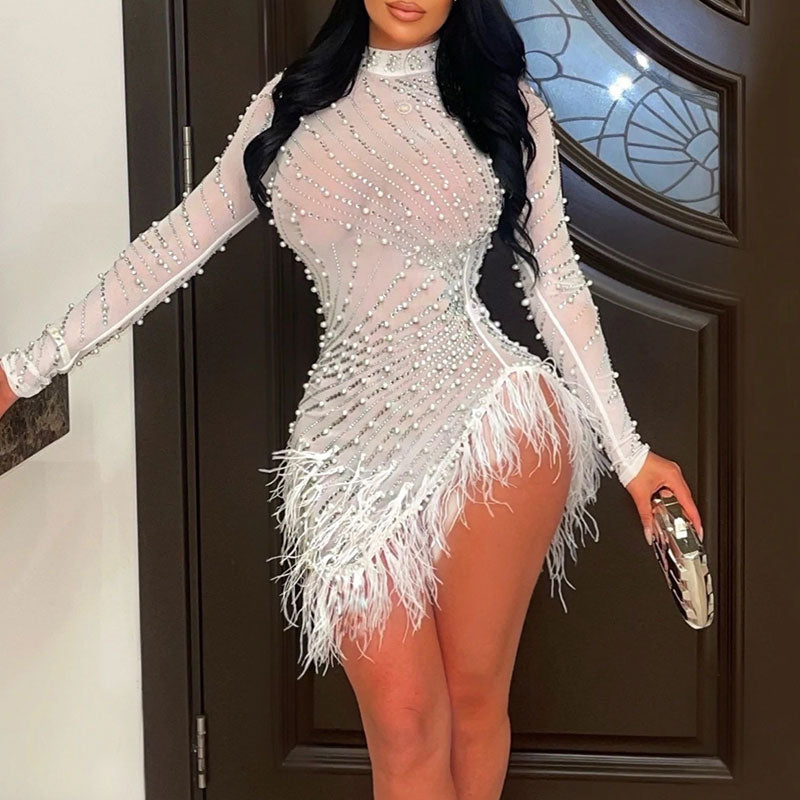 Rhinestone Beaded Long Sleeve Feather Design Slit Bodycon Dress