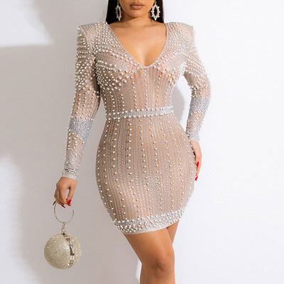 Rhinestone Beaded V-Neck Long Sleeve Mini Dress