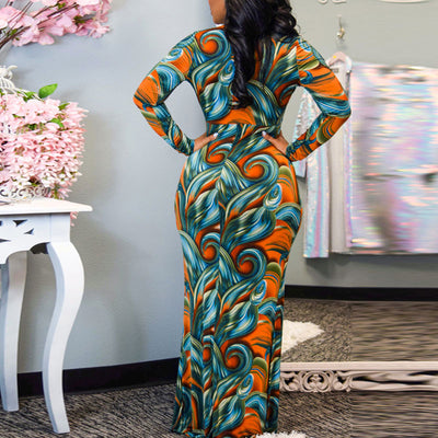 Print V-Neck Long Sleeve Maxi Dress