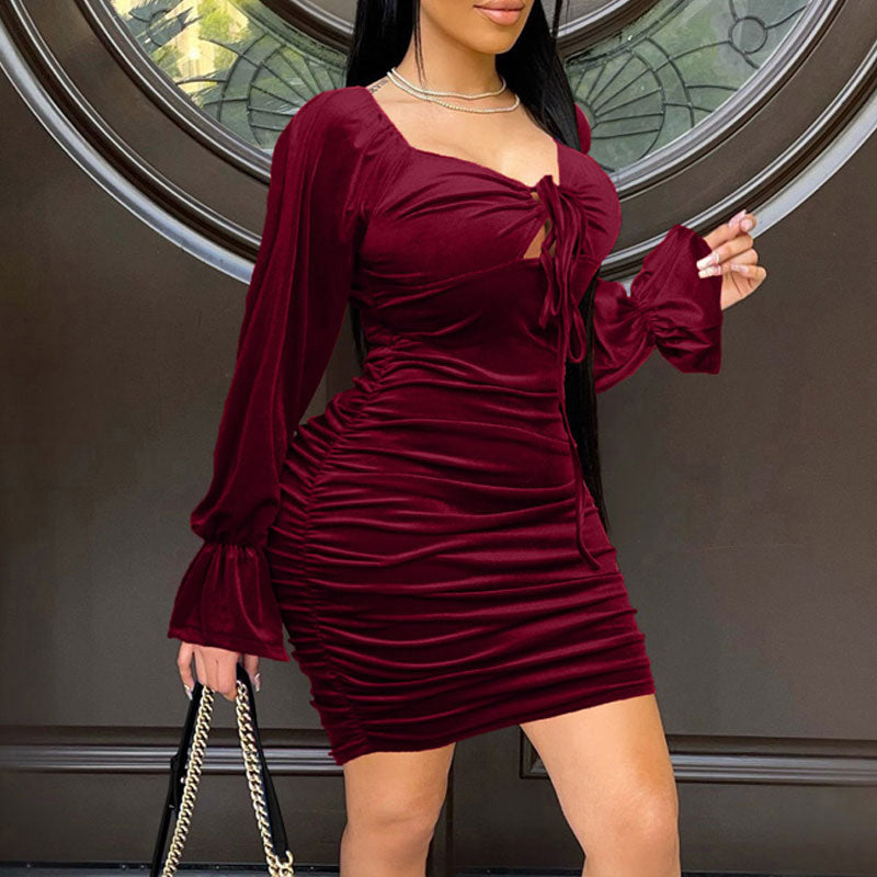 Velvet Long Sleeve Cut Out Ruched Bodycon Dress