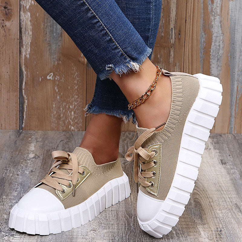 Colorblock Lace Up Fly Knitted Sneakers