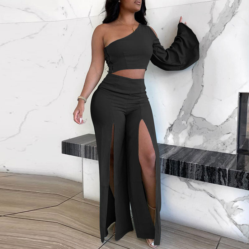 Solid One Shoulder Crop Top & High Slit Pants Set