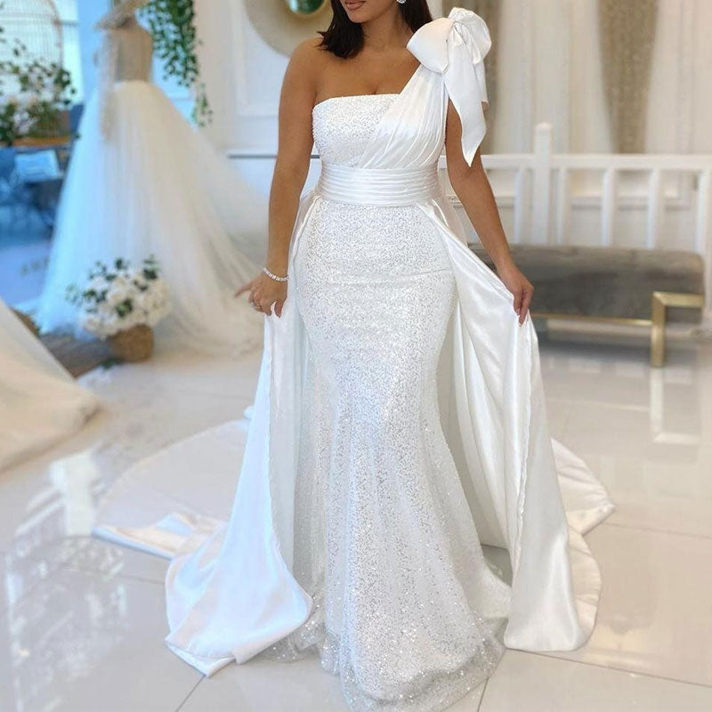 Sequins One Shoulder Bowknot Decoration Mermaid Train Wedding Dress