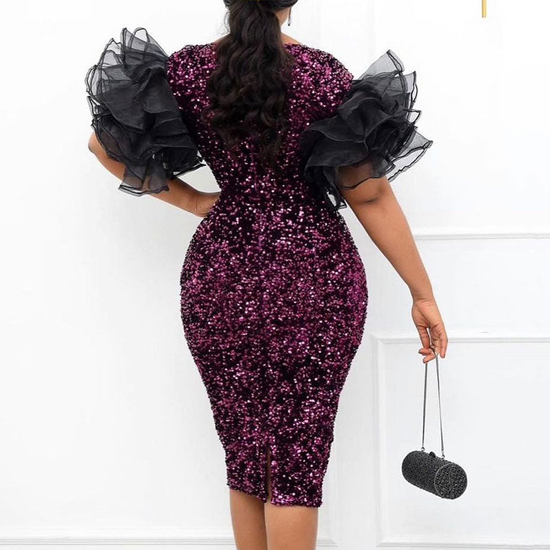 Sequins Ruffle Design Sheer Mesh Patchwork Midi Dress