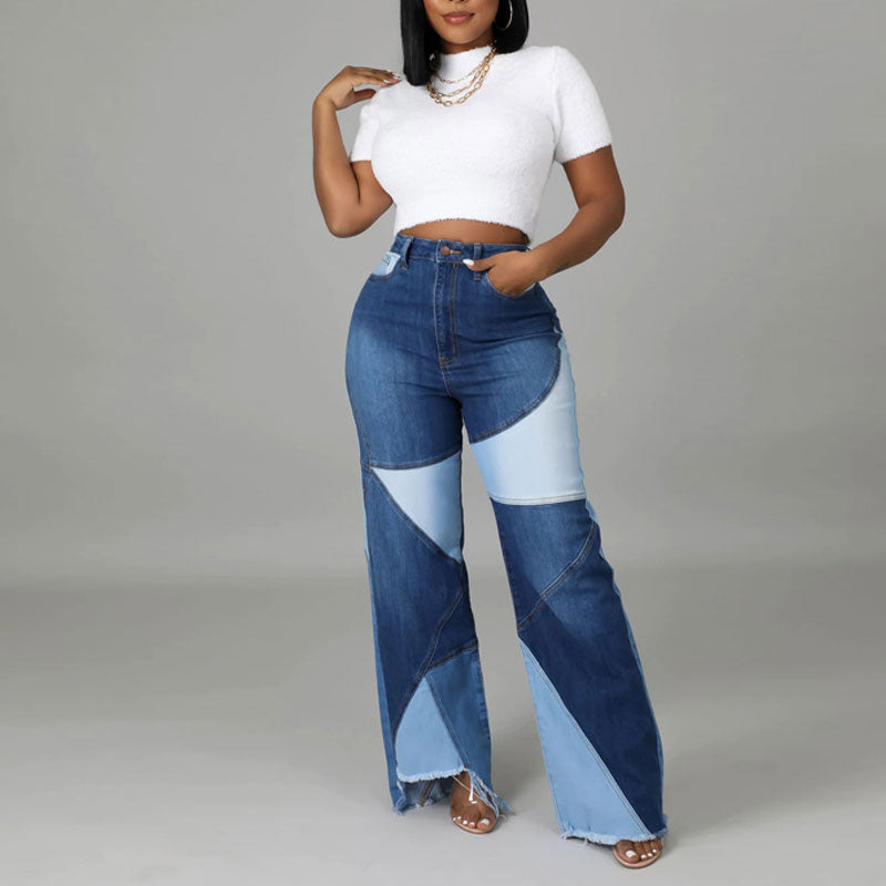 Colorblock High Waist Fringe Hem Denim Pants