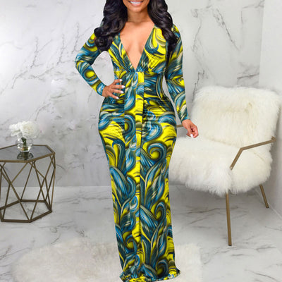 Print V-Neck Long Sleeve Maxi Dress