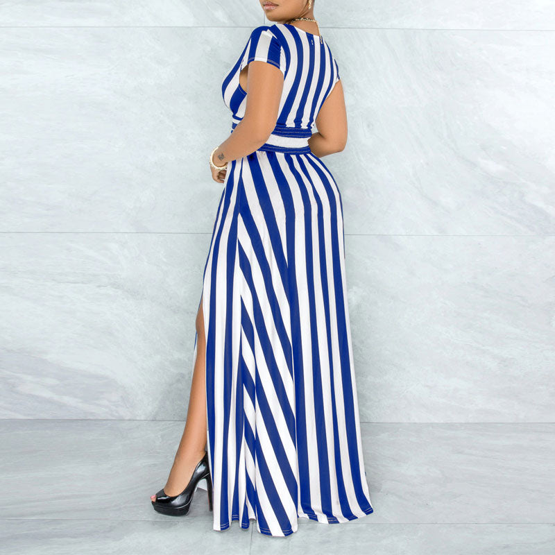 Striped Pattern Deep V-Neck Short Sleeve High Slit Maxi Dress