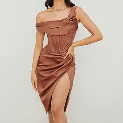 Solid One Shoulder Corset Design Ruched Party Dress