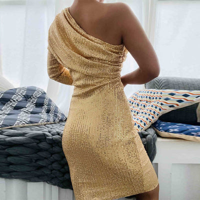 Solid One Shoulder Long Sleeve Bodycon Dress