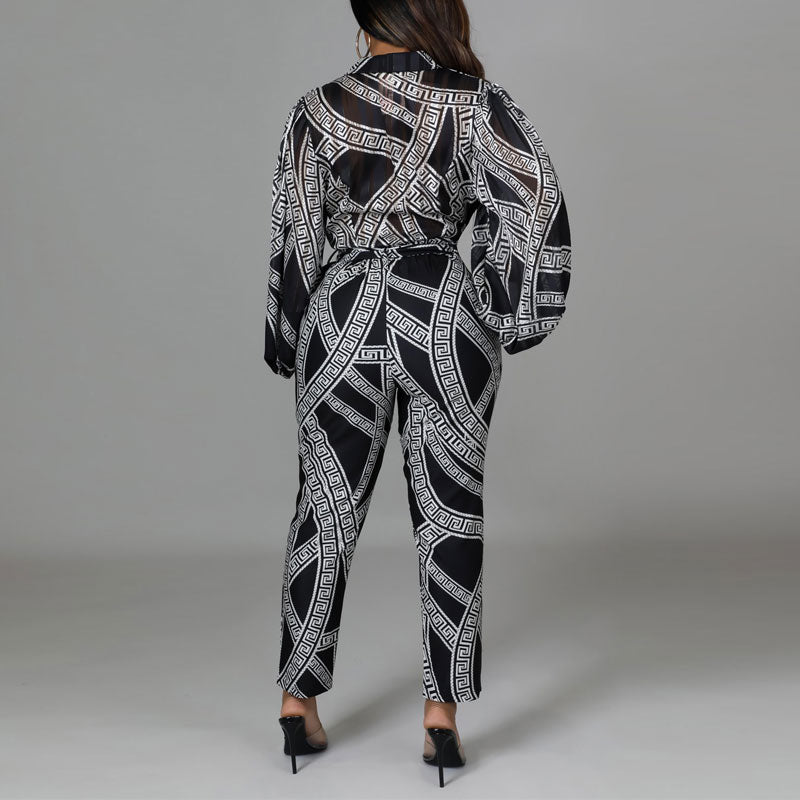 Print Lantern Sleeve Belted Jumpsuit