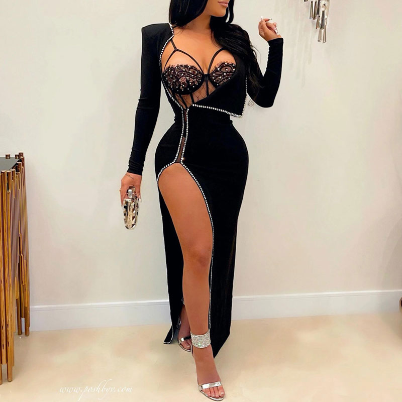 Rhinestone Long Sleeve High Slit Maxi Dress & Sheer Mesh Bodysuit Set