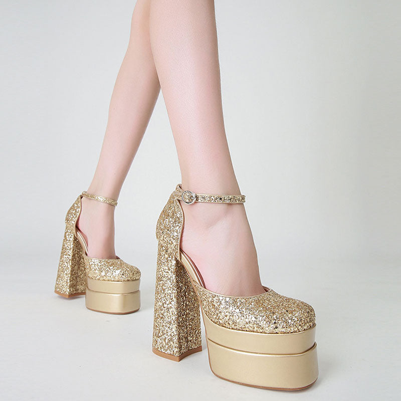 Sequins Ankle Strap Platform Chunky Heeled Sandals