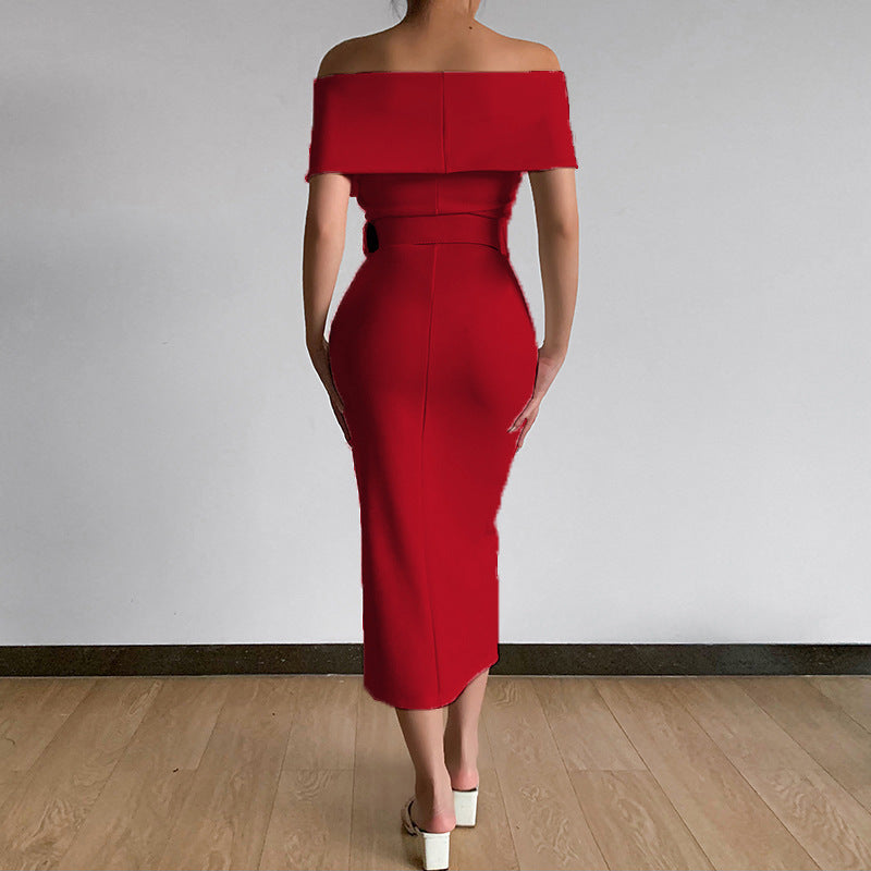 Solid Off Shoulder Slit Midi Dress