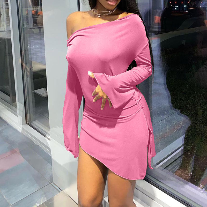 Solid Oblique Shoulder Long Sleeve Slit Bodycon Dress