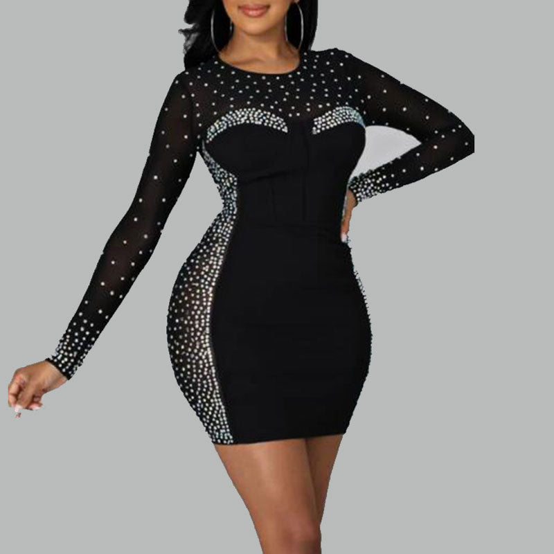 Rhinestone Long Sleeve Sheer Mesh Patchwork Bodycon Dress