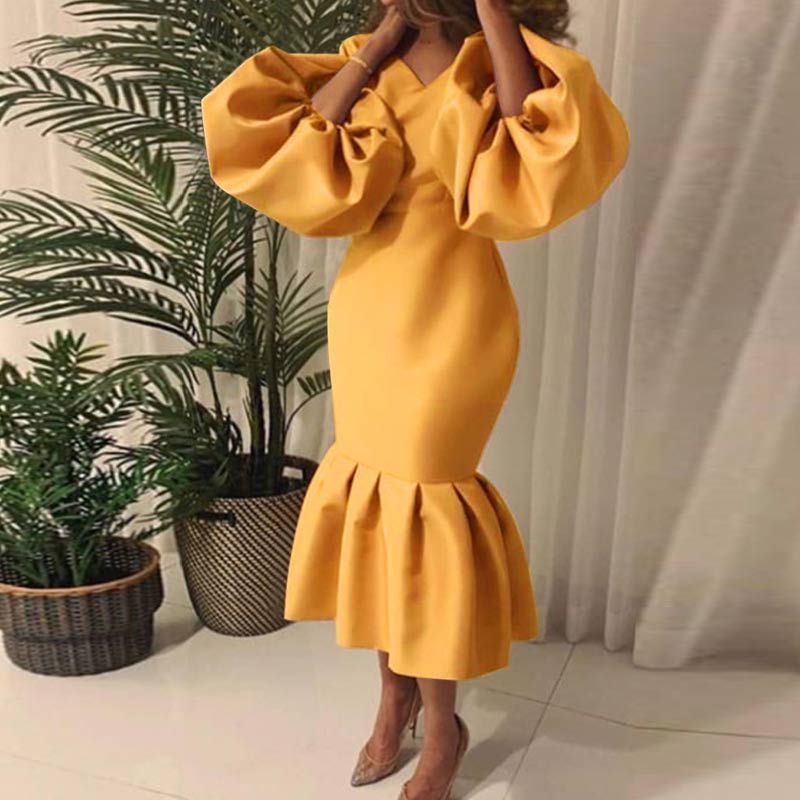 Solid V-Neck Puff Sleeve Ruffle Design Maxi Dress