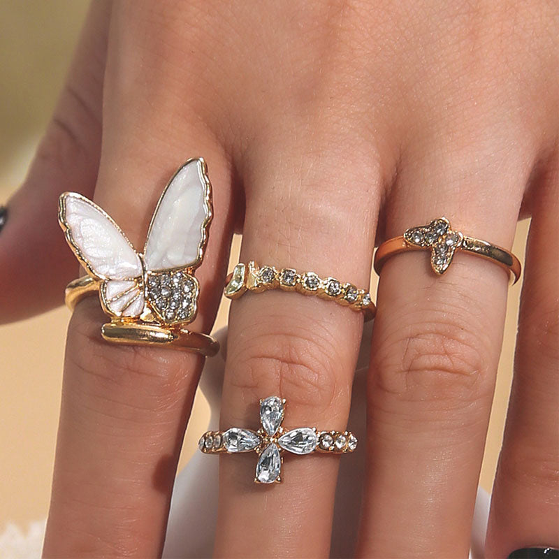 4PCS Butterfly Pattern Studded Rings Set