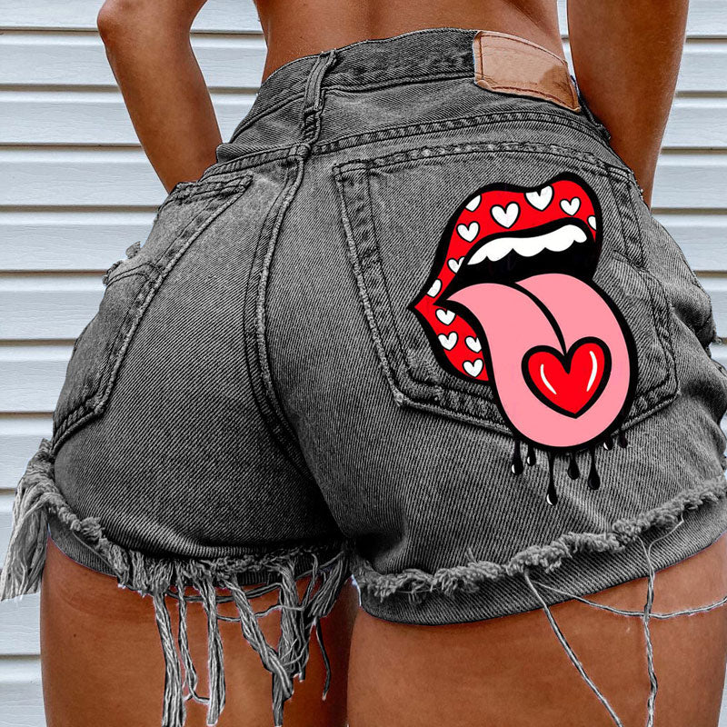 Lips Print High Waist Fringe Hem Denim Shorts