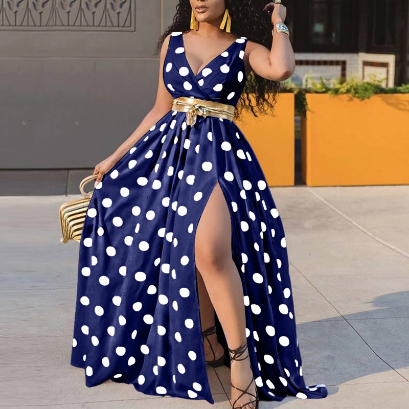 Polkadot Print Deep V-Neck High Slit Maxi Dress