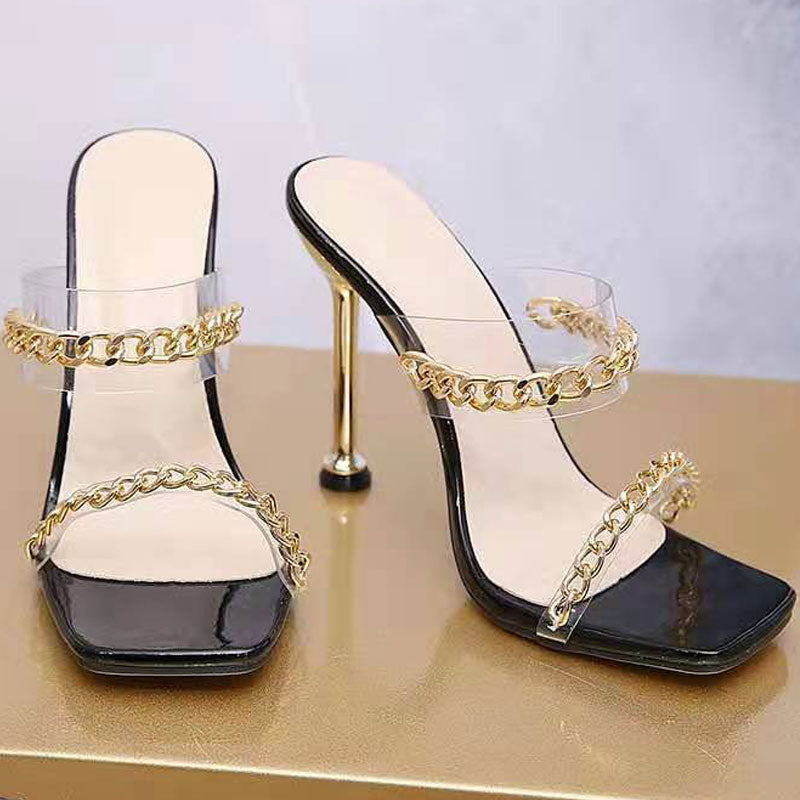 Square Toe Clear Strap Chain Thin Heeld Sandals