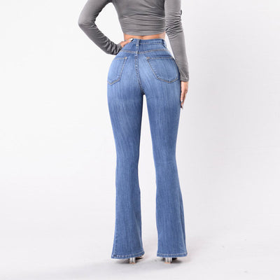 Solid High Waist Button Detailed Bell Bottomed Denim Pants