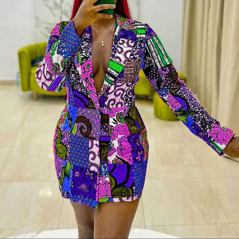 Printed Deep V-Neck Long Sleeve Blazer Dress