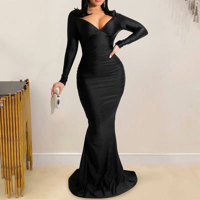 Solid V-Neck Long Sleeve Floor-Length Dress