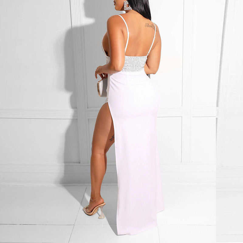 Rhinestone Spaghetti Strap High Slit Maxi Dress