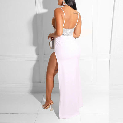 Rhinestone Spaghetti Strap High Slit Maxi Dress