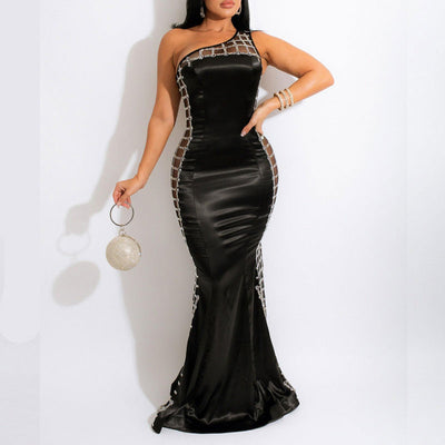 Rhinestone One Shoulder Sleeveless Floor-Length Dress