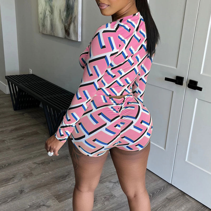 Print Long Sleeve Slit Top & Shorts Set