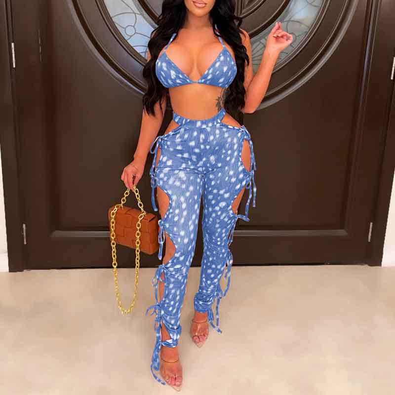 Print Halter Bra & Cut Out Pants Set